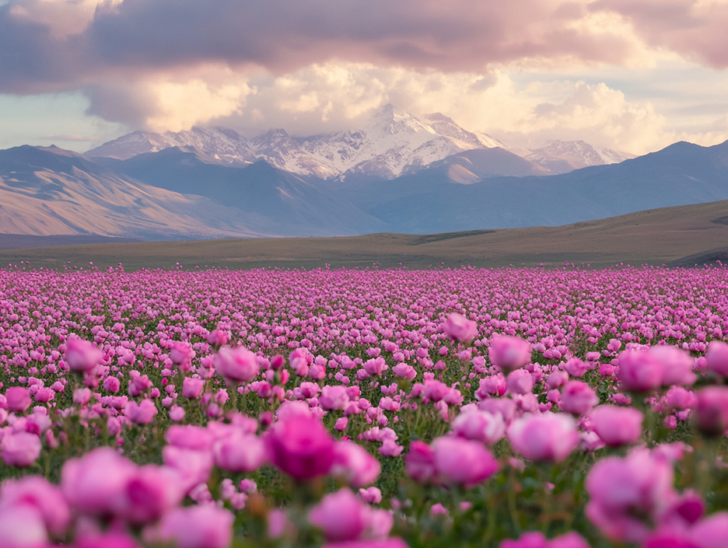 A serene field of vibrant, blossoming Rosa damascena