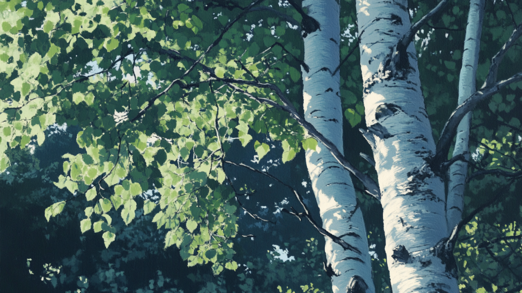 A serene image capturing the beauty of a birch forest, highlighting the tree's elegant white bark and lush green leaves.