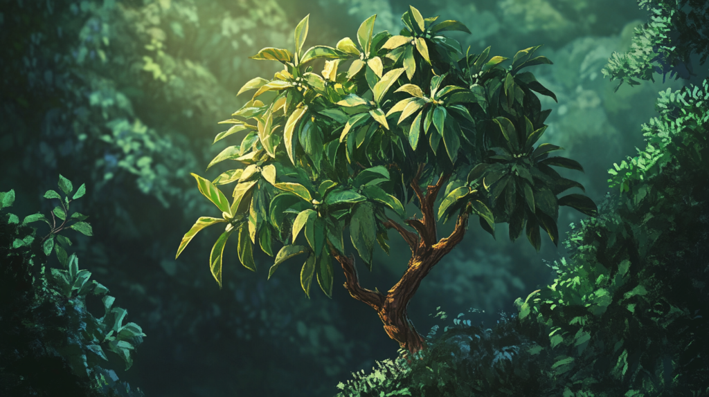 A simple yet elegant visualization of a cinnamon tree growing in its natural habitat, displaying the lush foliage and enticing bark.A simple yet elegant visualization of a cinnamon tree growing in its natural habitat, displaying the lush foliage and enticing bark.