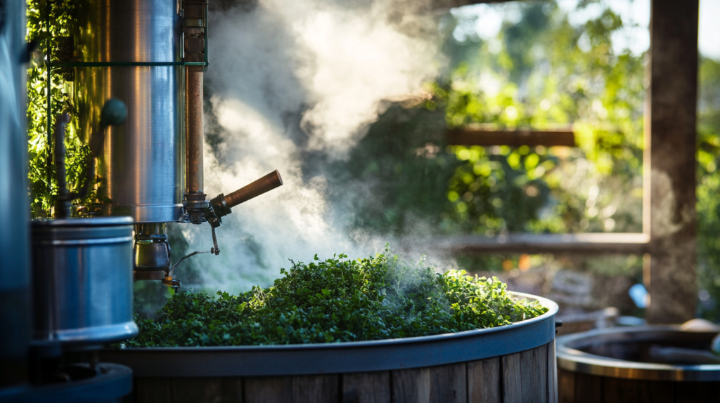 A steam distillation machine with Geranium leaves being processed, rustic and natural setting.