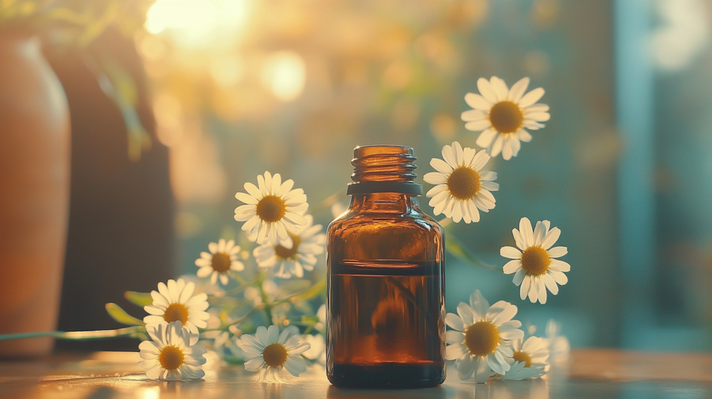 Aesthetic shot of a chamomile essential oil bottle with chamomile flowers in the background, soft focus, warm lighting, harmonious colors