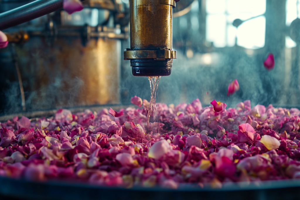 An artisan distiller uses steam and rose petals to extract rose essential oil