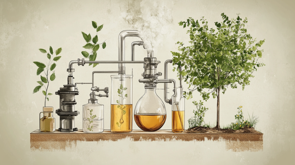 An illustration of the steam distillation process, with detailed elements showing how birch essential oil is carefully extracted.