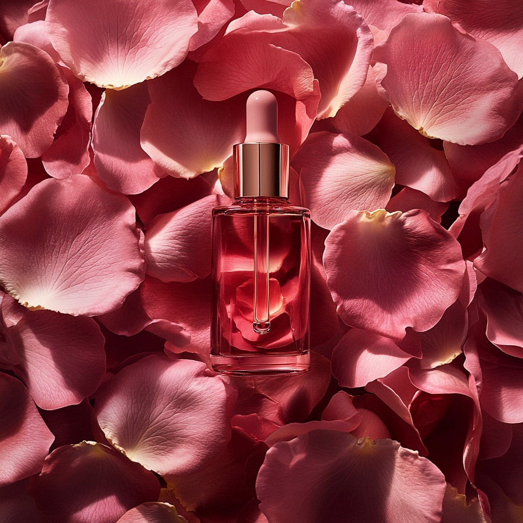 Bottle of rose essential oil nestled among soft rose petals