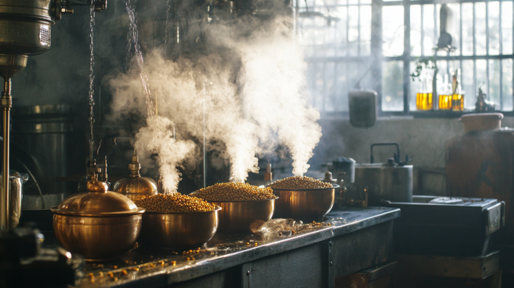 Create a beautiful scene capturing the meticulous steam distillation process of anise seeds into essential oil