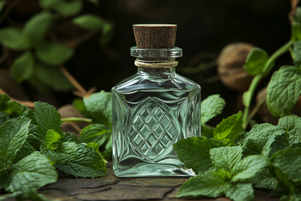 Glass bottle of peppermint essential oil