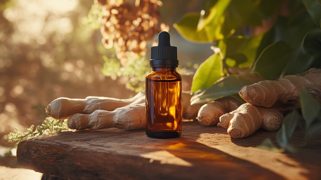 Imagine an essential oil bottle showcasing the warm hues of ginger oil, glistening in the sunlight