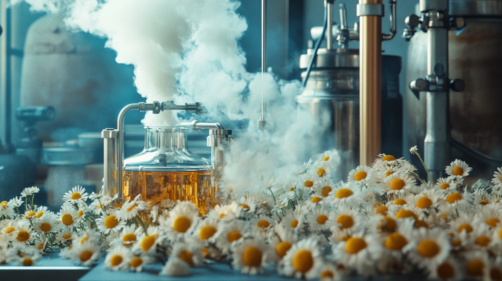 Intricate scene of chamomile flowers being steam distilled into essential oil, detailed apparatus, steam rising, vibrant colors