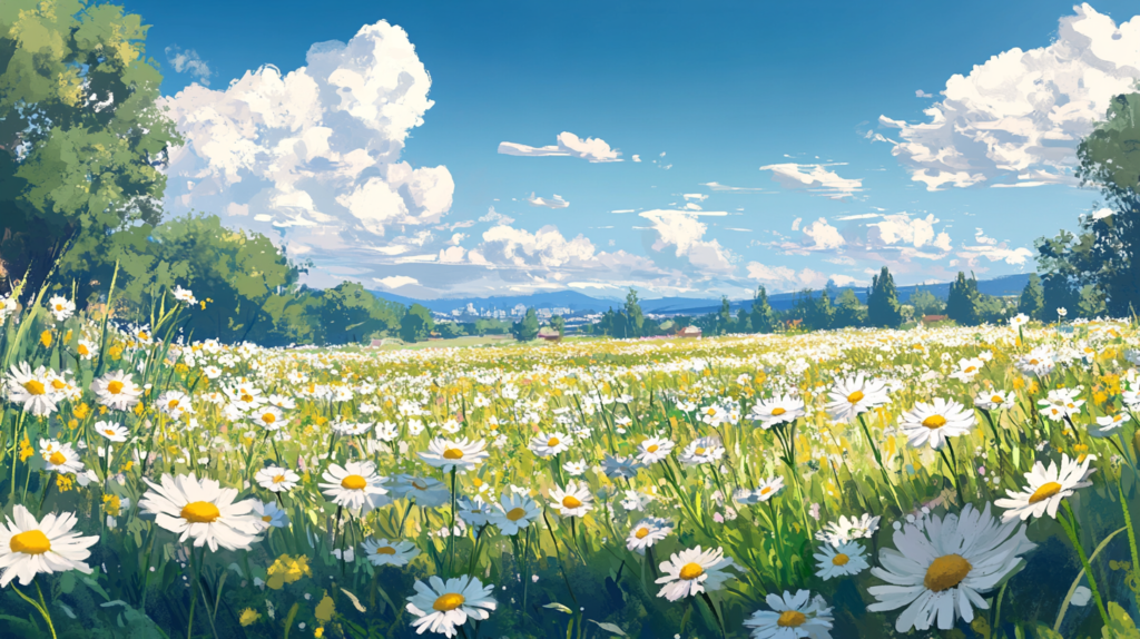 Lush field of blooming chamomile plants under a clear blue sky, focus on delicate white and yellow flowers, serene atmosphere, natural lighting