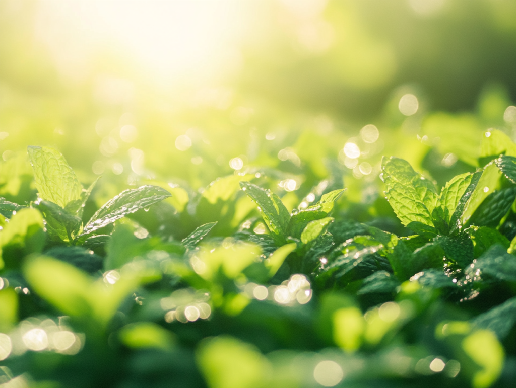 Lush fields of vibrant green peppermint plants