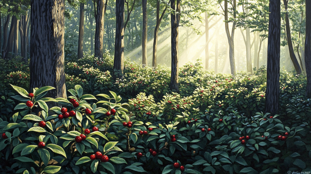 a lush forest floor, carpeted with petite green shrubs dotted with brilliant red berries