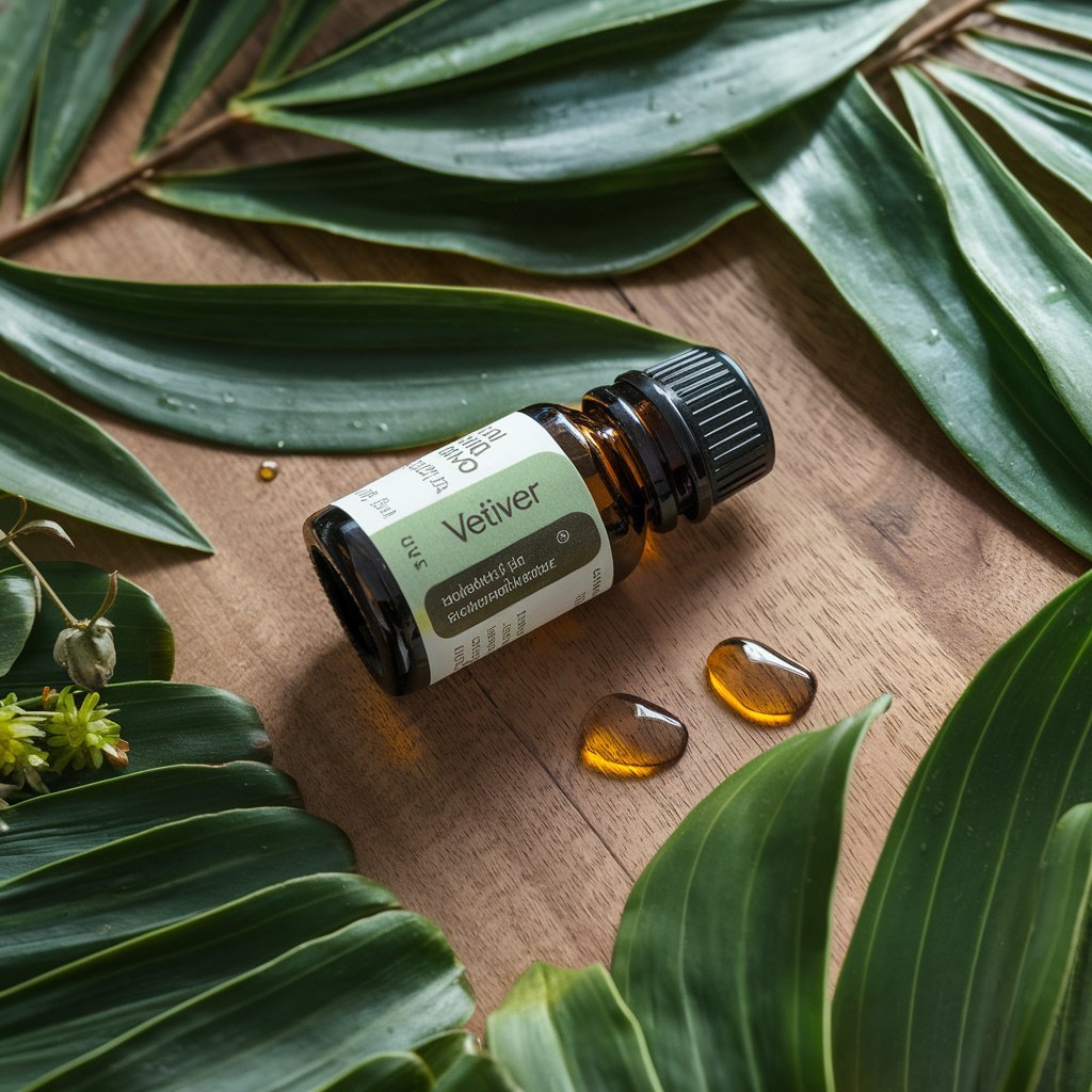 Amber essential oil bottle labeled 'Vetiver' with droplets