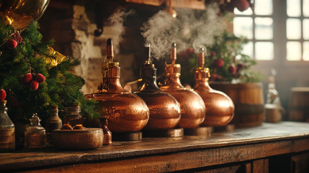 distillation setup nestled within a rustic herbal apothecary