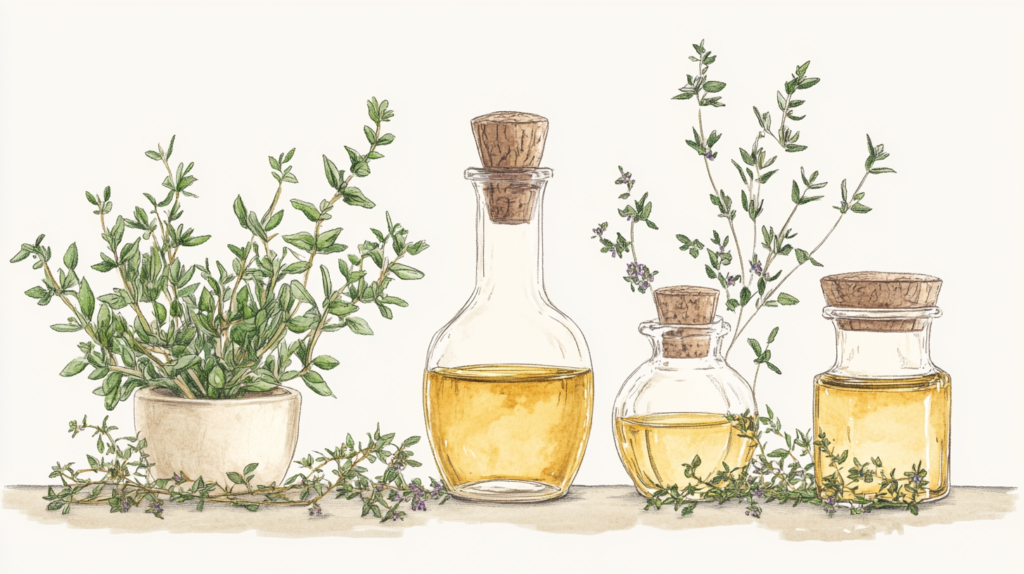 steam distillation process showing thyme leaves