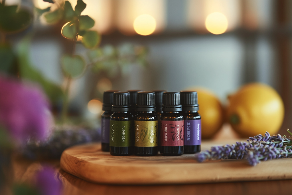 A beautifully arranged blend of Nootka tree essential oil bottle with other complementary essential oils like lavender and lemon