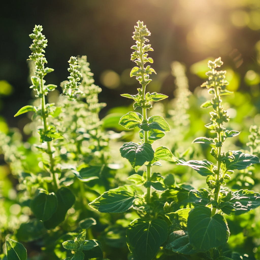 A botanical garden setting depicting Holy Basil plants in vibrant sunlight