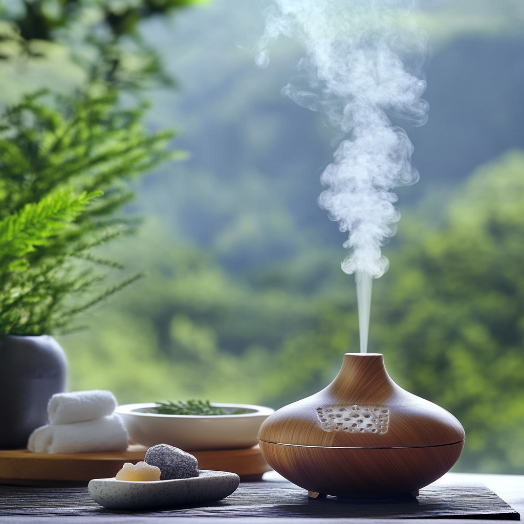 A calming scene of a spa setup with a diffuser emitting a mist of Spruce Black Essential Oil against a backdrop of tranquil nature