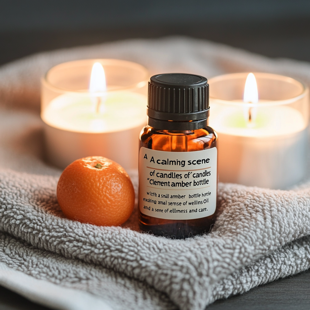 A calming scene of candles beside a soft towel, with a small amber bottle labeled 'Clementine Essential Oil,' exuding a sense of wellness and care.