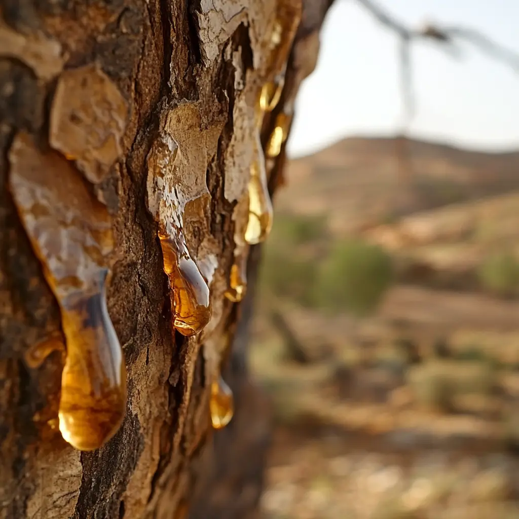 A close-up of Boswellia sacra tree bark, showing resin tears in an arid landscape