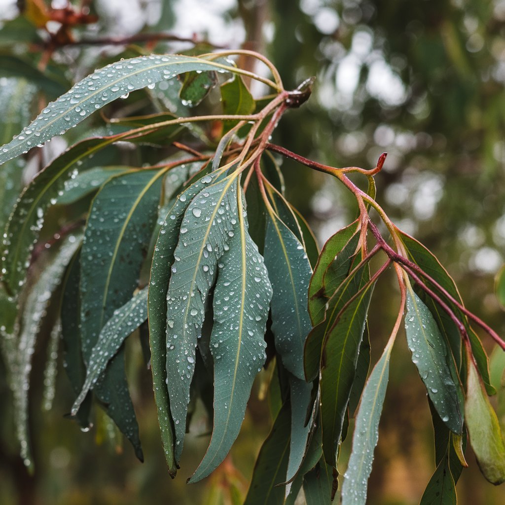 A close-up of Eucalyptus leaves shimmering with morning dew, highlighting the raw source material for the oil extraction.