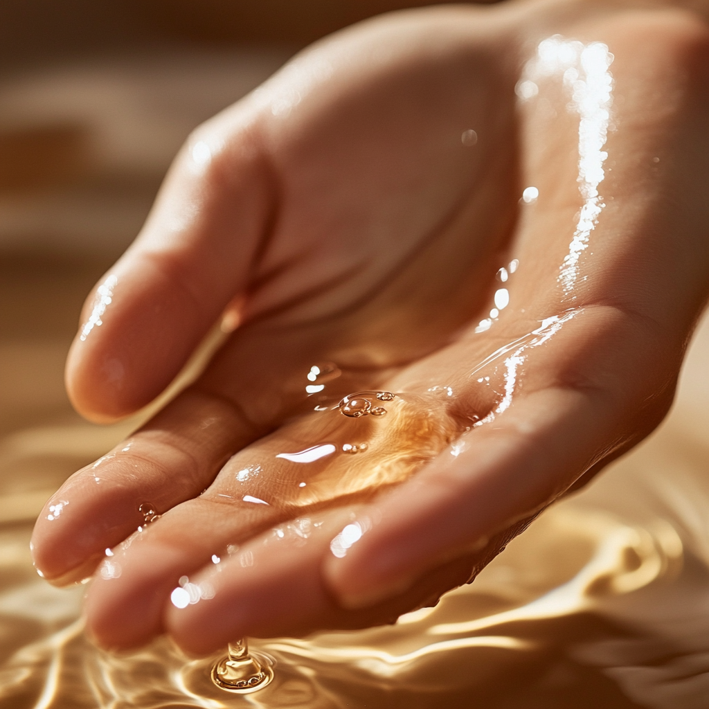 A close-up of a hand applying a blend of Myrtle Essential Oil on the skin, emphasizing its uses in skincare.