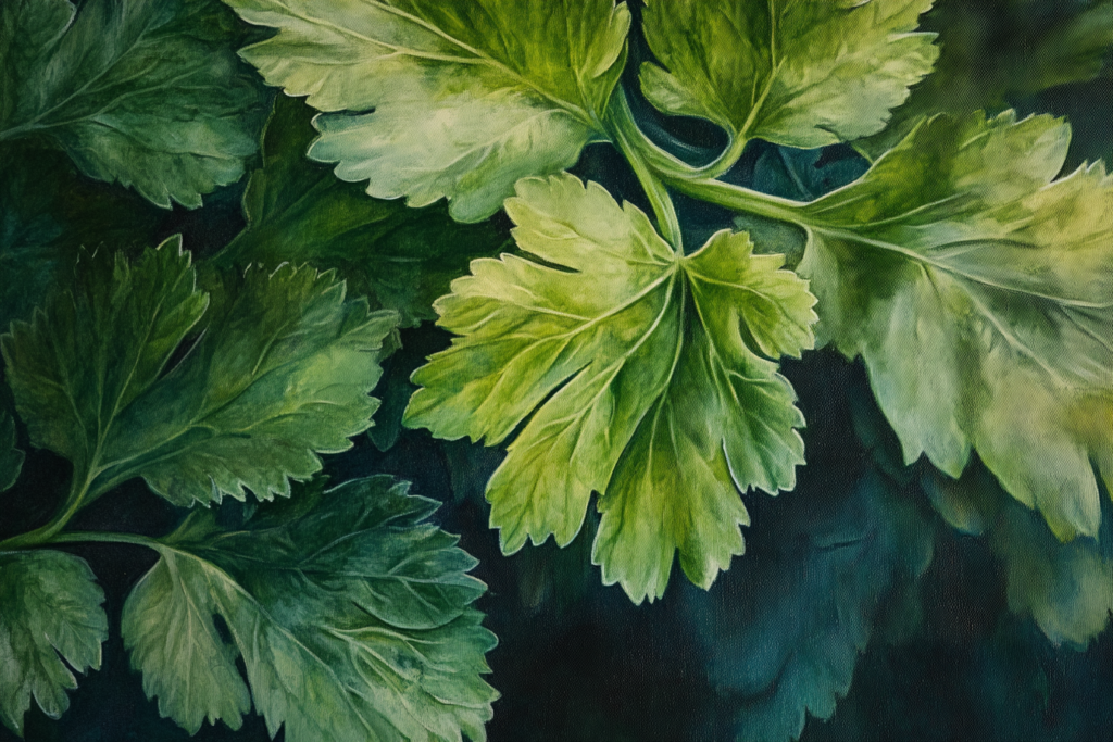 A close-up of cilantro leaves, displaying the vibrant green color and detailed textures