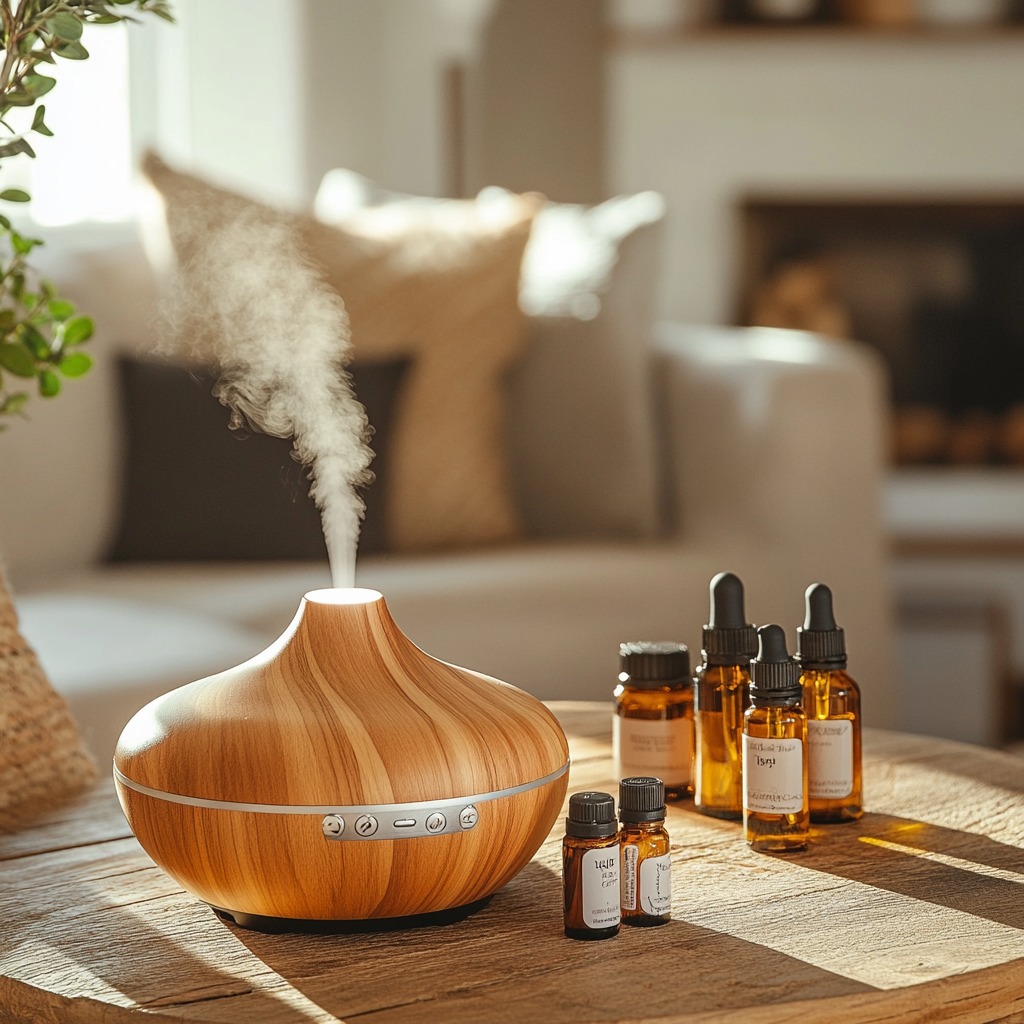 A cozy home setting with a diffuser and bottles of essential oils on a wooden table