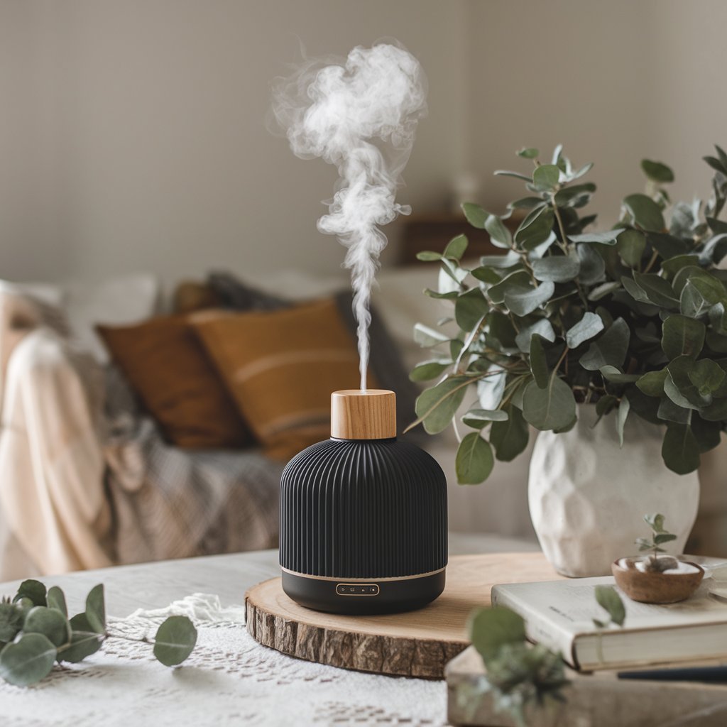 A cozy, modern room with a diffuser emitting Eucalyptus aroma, illustrating one of the benefits and uses in a lifestyle setting