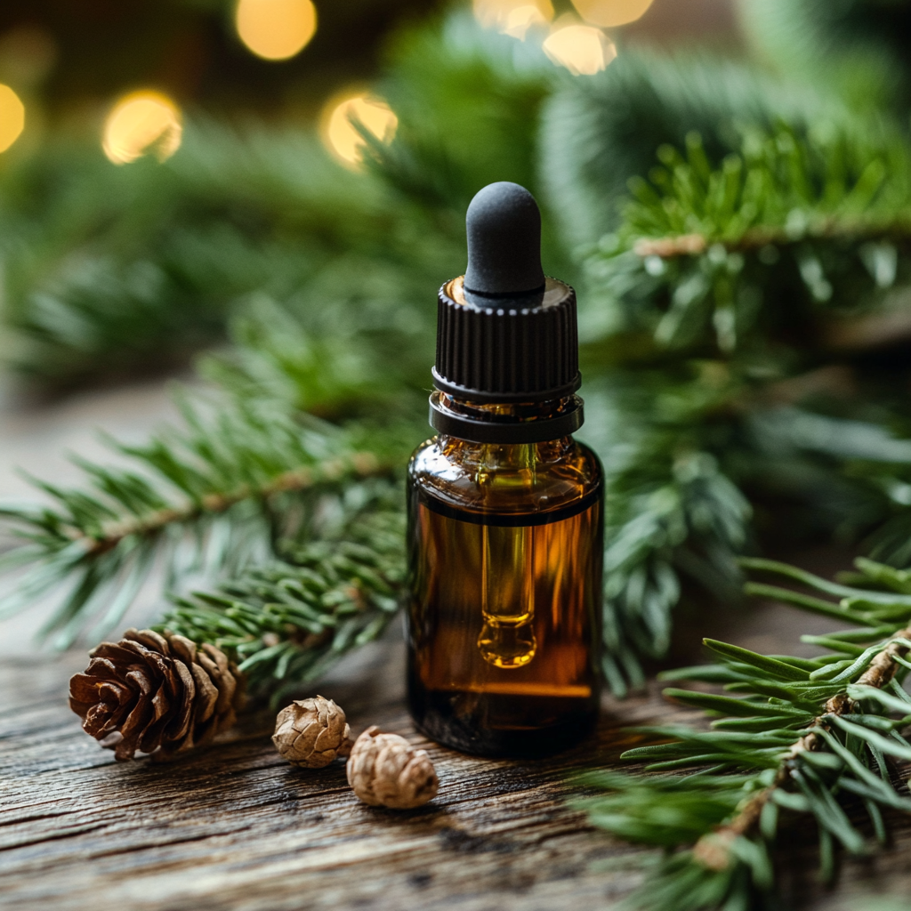 A detailed close-up of Spruce Black Essential Oil bottle on a wooden table, surrounded by spruce needles and twigs.