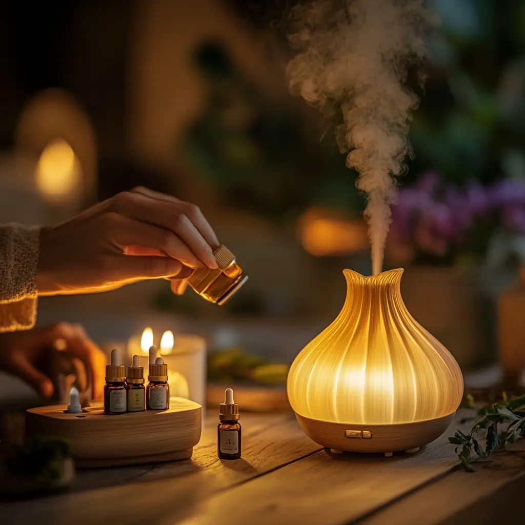 A detailed image of a person blending oils with a diffuser in a harmonious home setting
