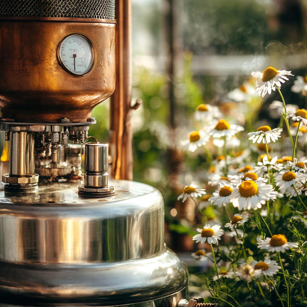 A detailed image of steam distillation equipment in action, with chamomile flowers in the background, highlighting the process of extracting the essential oil.