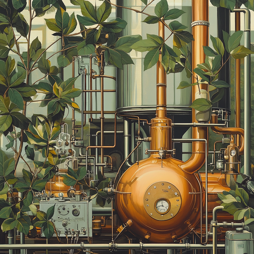 A detailed image of the steam distillation process with Laurel Leaves prominently displayed, capturing the essence of oil extraction.