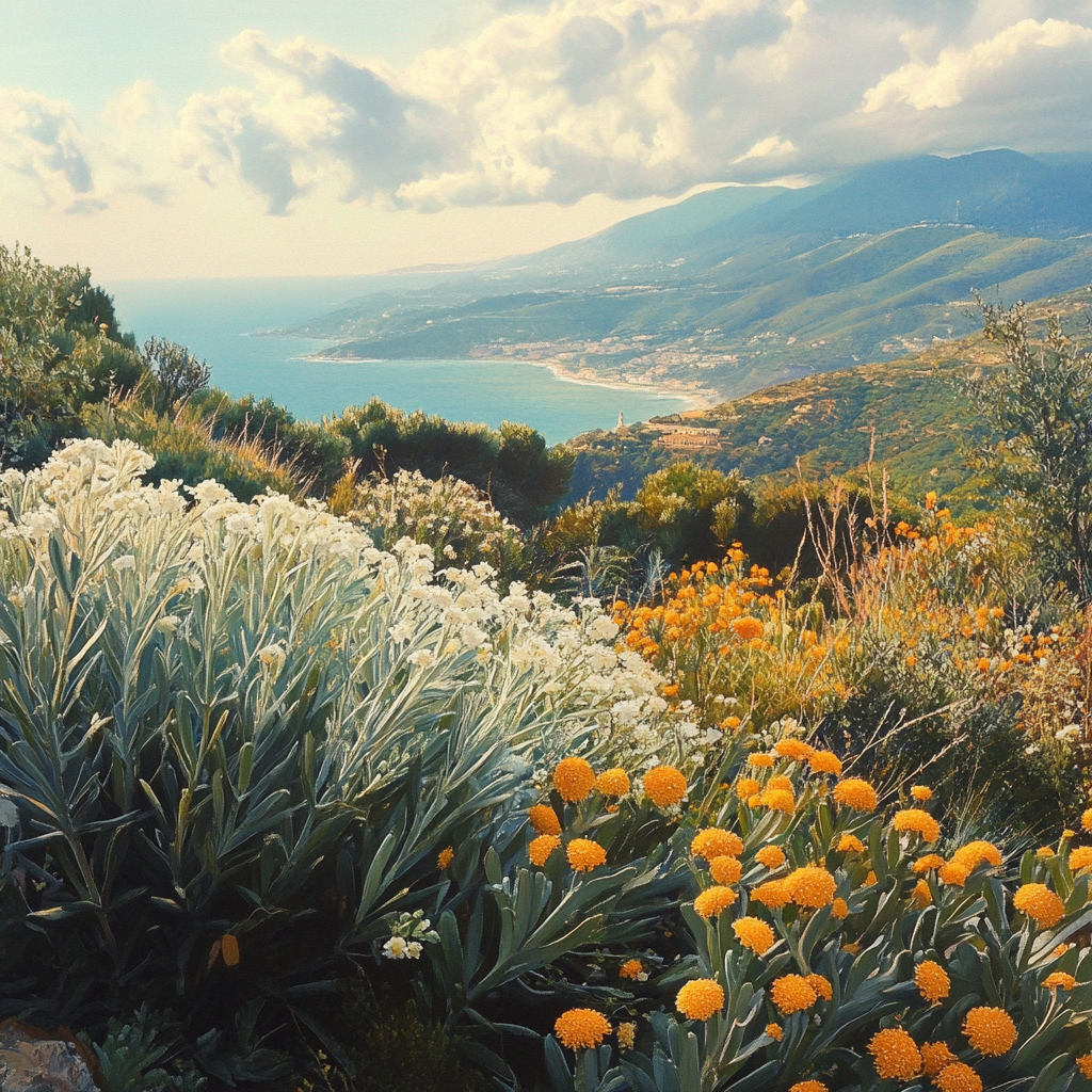 A lush Mediterranean landscape showcasing Helichrysum Italicum plants in full bloom