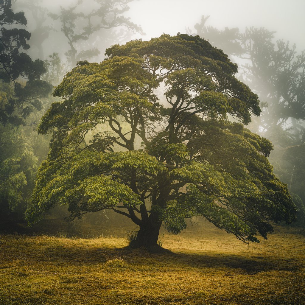 A lush camphor tree in a misty forest