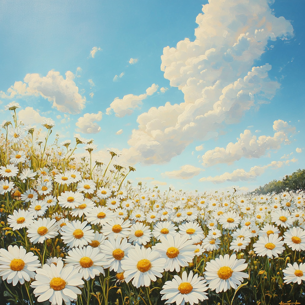 A lush field of chamomile flowers blooming under a clear blue sky, capturing the essence of nature's tranquility