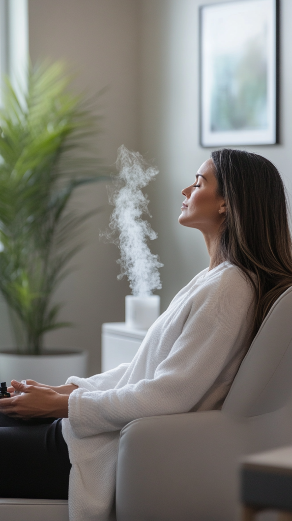 A patient sits in a serene room with essential oils diffusing gently in the background.