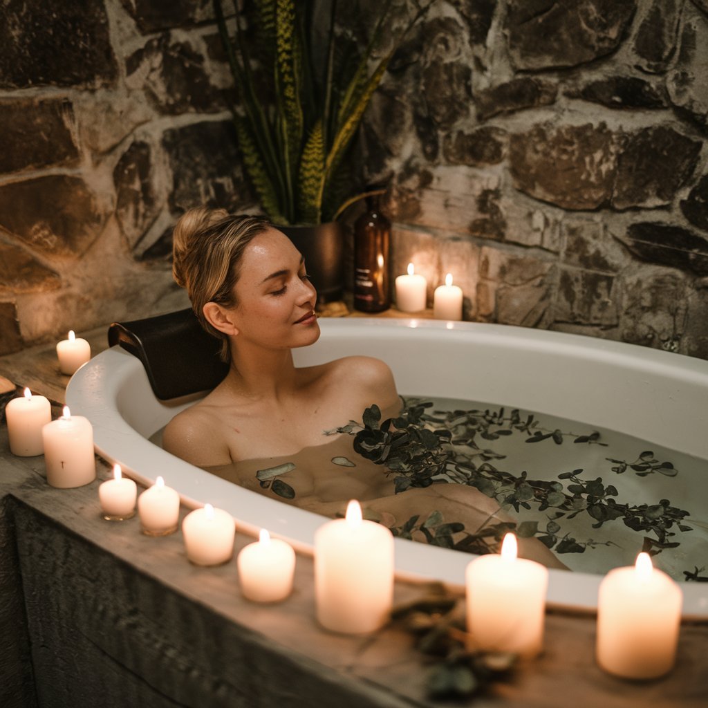 A person enjoying a soothing bath with eucalyptus oil, surrounded by candles