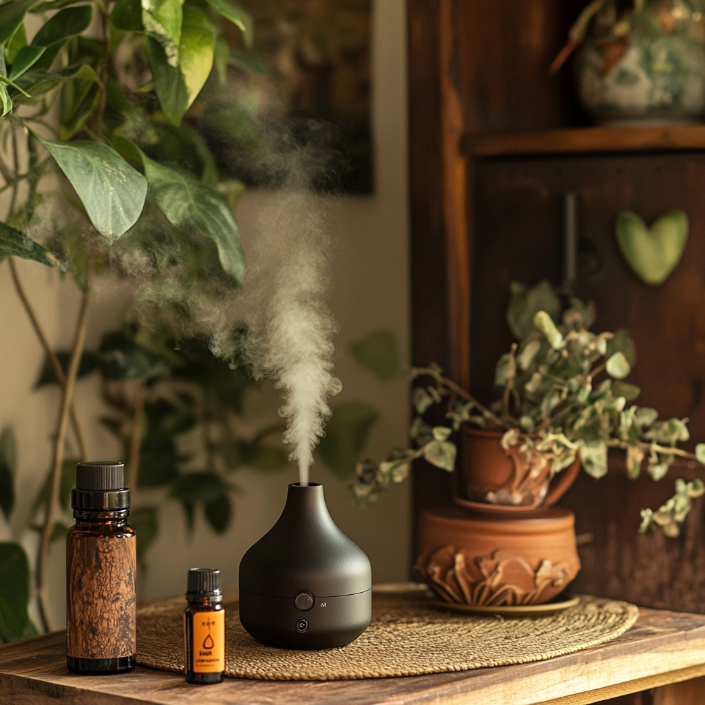 A photo illustrating a serene home setting with a diffuser emitting the aromatic vapor of Myrtle Essential Oil.