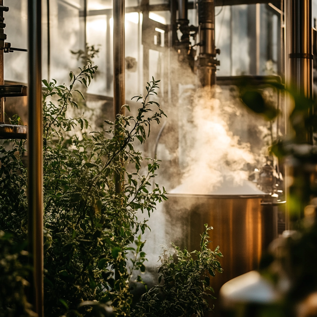 A photo of the steam distillation process showcasing how Myrtle Essential Oil is extracted from the myrtle plant.