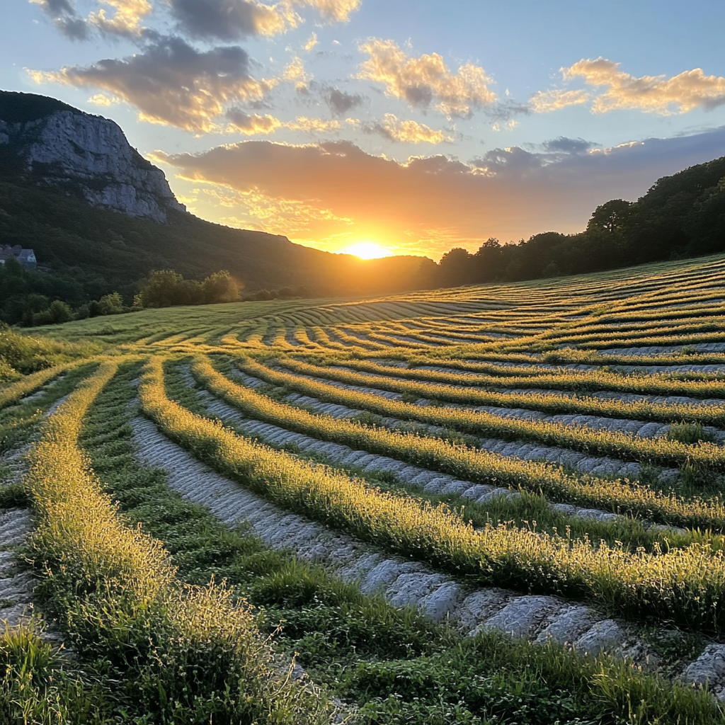 A picturesque French lavandin field at sunset, encapsulating the source of lavandin oil.