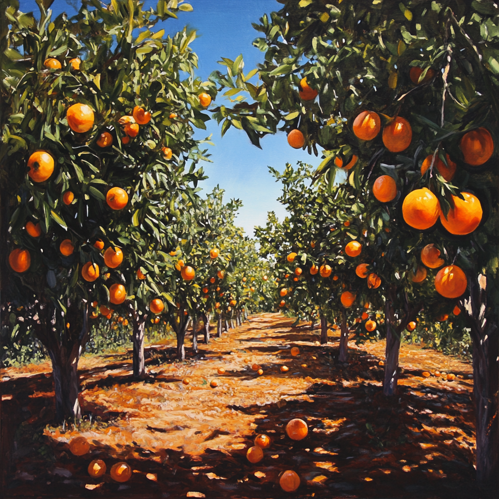 A picturesque grove of clementine trees, heavy with bright orange fruits, under a clear blue sky.