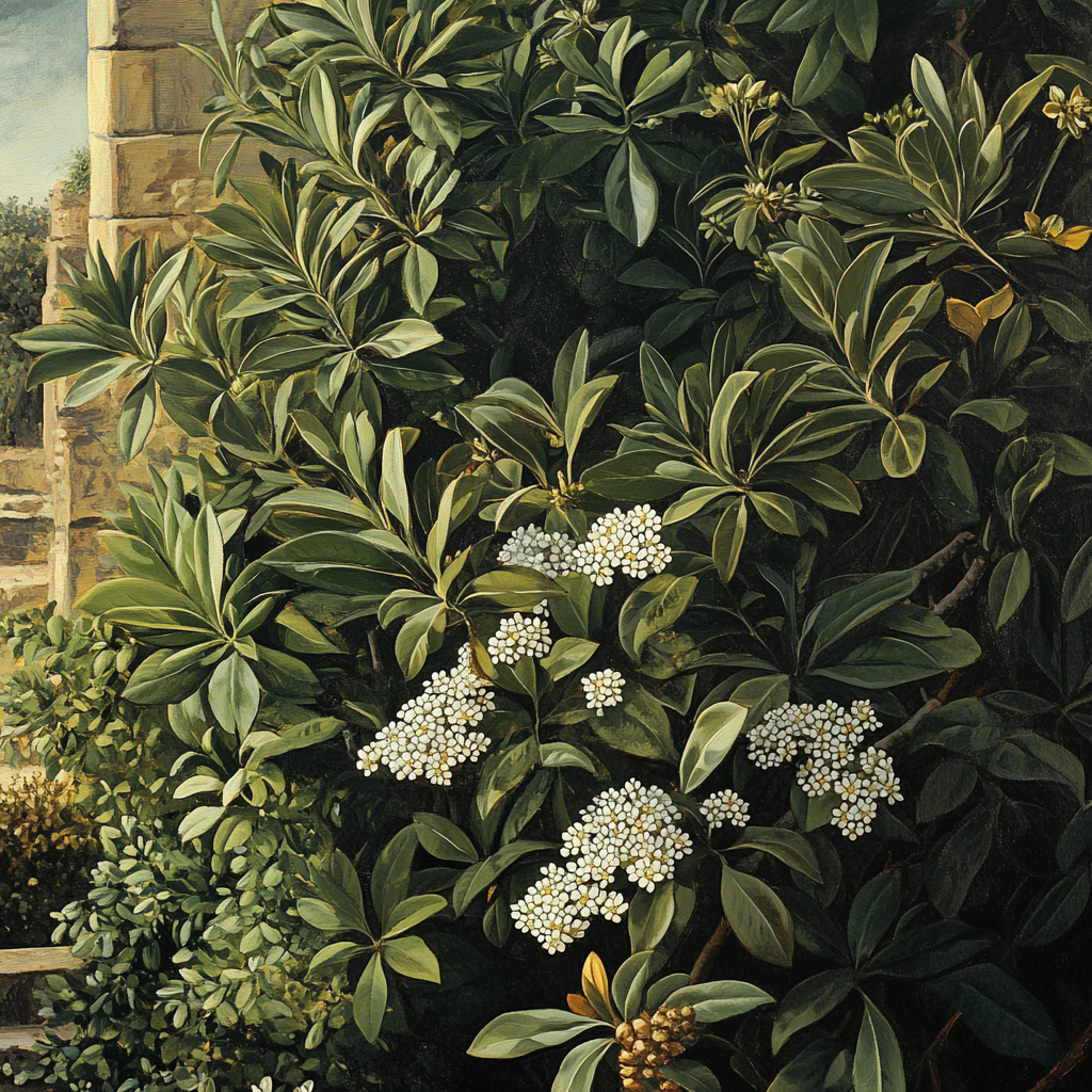 A realistic depiction of myrtle plants in a Mediterranean setting, highlighting the lush green leaves and delicate white flowers.