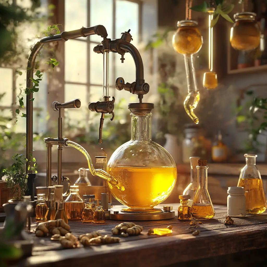 A realistic depiction of the steam distillation process of turmeric essential oil, featuring lab equipment and infused oils