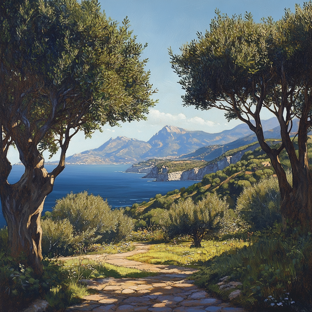 A serene Mediterranean landscape with Laurel Trees in the foreground, highlighting their natural habitat