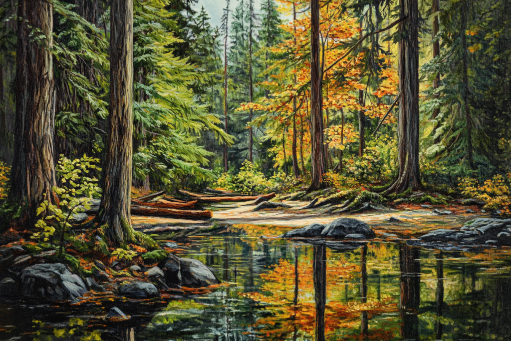 A serene forest landscape with a focus on Nootka trees, capturing their towering presence and lush leaves