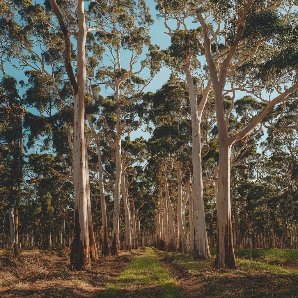 A serene forest scene showcasing a vast plantation of towering Eucalyptus trees, signifying the natural habitat and origin of the essential oil