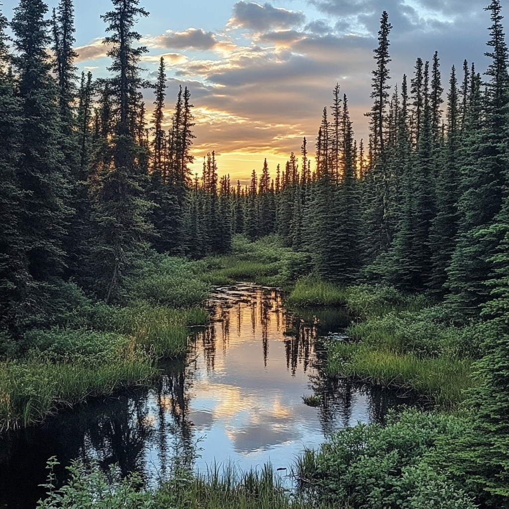 A serene image of dense North American forests with Black Spruce trees, showcasing the natural habitat of the origin of Spruce Black Essential Oil