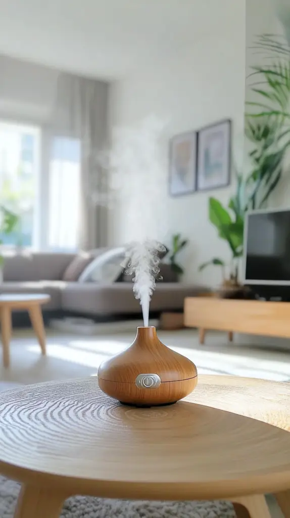 A serene living room with a diffuser releasing Cornmint oil in the background.