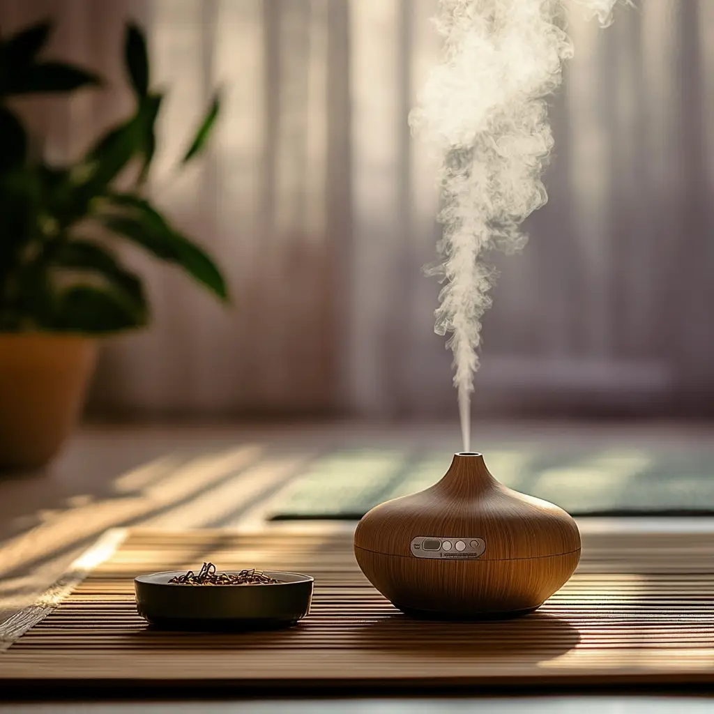 A serene meditation setting with a diffuser emitting Frankincense aroma