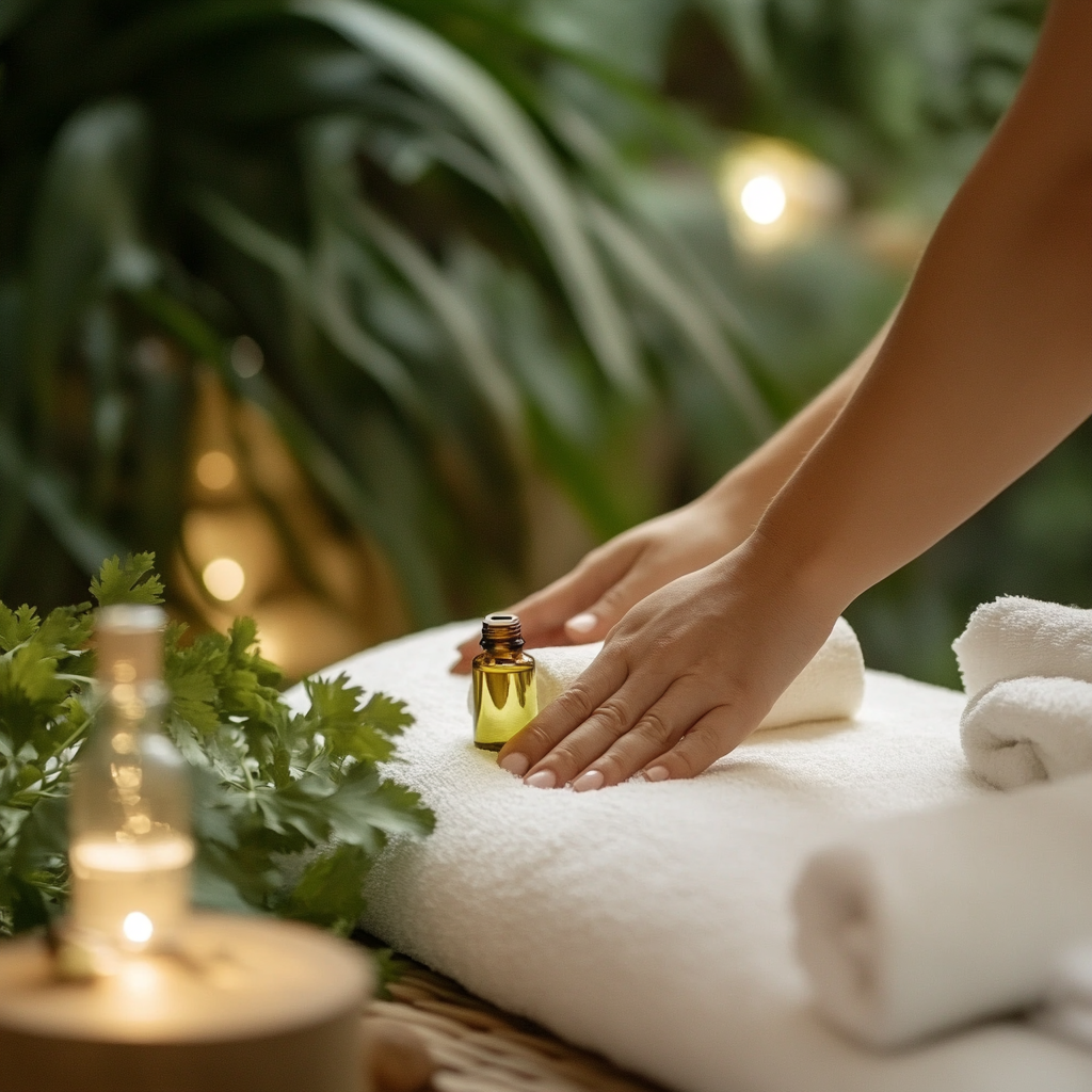 A serene scene of a person enjoying a cilantro essential oil massage, capturing the essence of relaxation